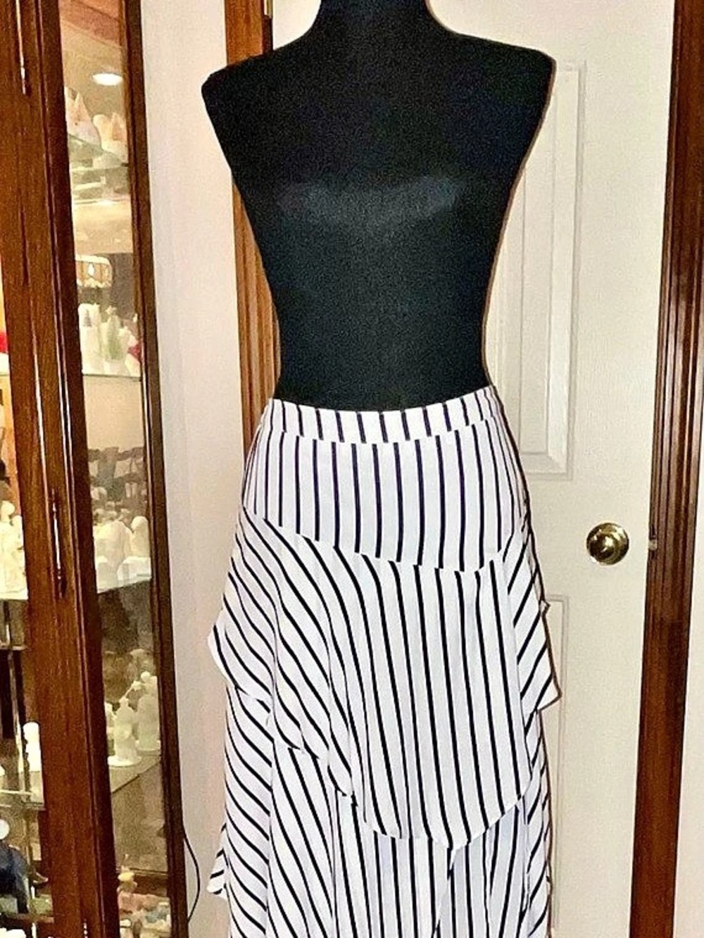 Striped Ruffle Midi Skirt in White & Blue Size Large